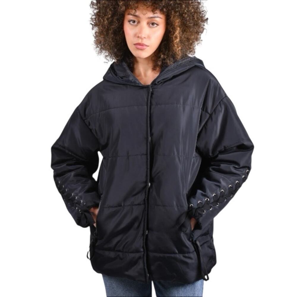Maje Guelone Quilted Hooded Puffer Coat Jacket With Lace Up Detail Size 1 Small